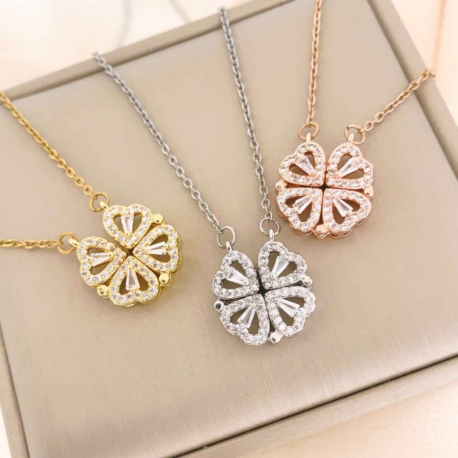 Stylish necklace with four-leaf clover pendant in three colors for women.