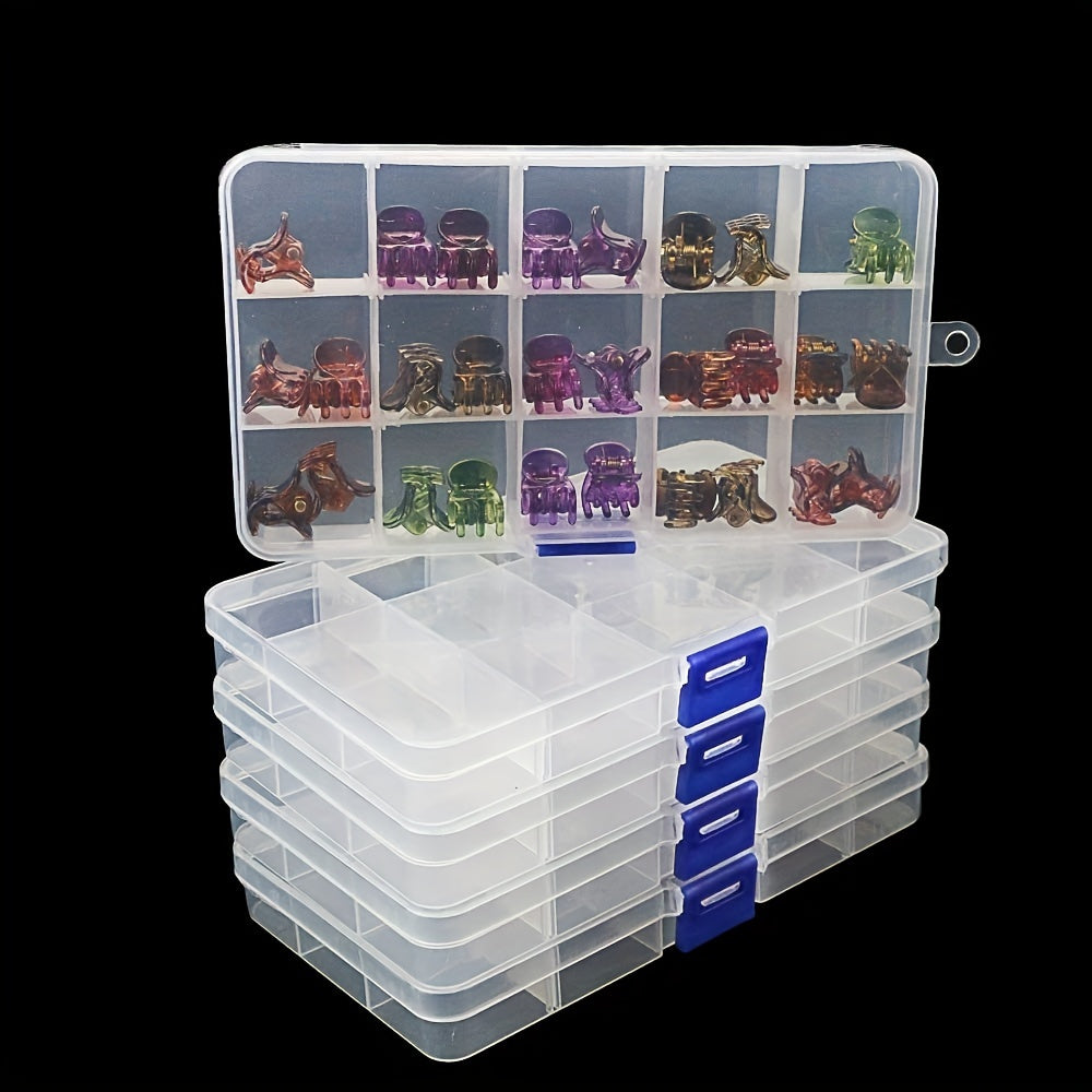 4 Ultra-Portable Clear Bead Organizer Cases with 10/15 Compartments for Jewelry, Rings & Small Parts - Durable, Space-Saving Design for Travel.