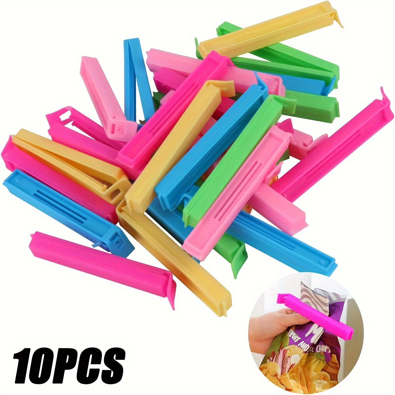 Set of 10 reusable plastic food bag sealing clips for airtight sealing, keeping snacks fresh and organized in the kitchen. These moisture and dust-proof bag clamps are essential kitchen gadgets to maintain food freshness.