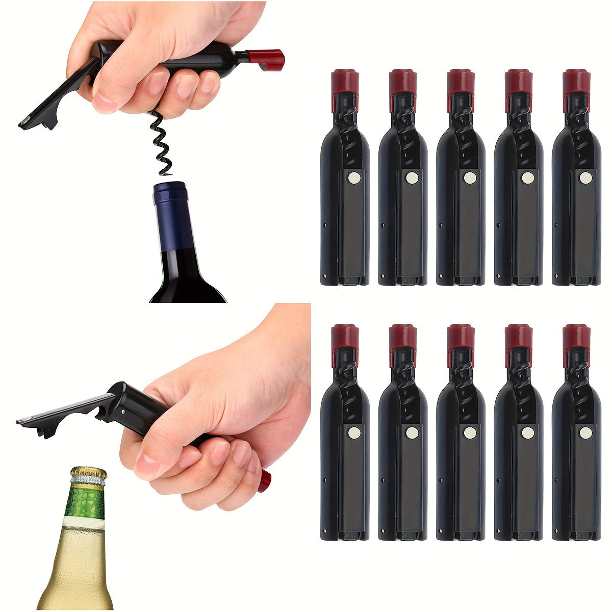 Wedding favors: Magnetic bottle opener and foldable corkscrew with label stickers, available in sets of 10, 20, or 30.