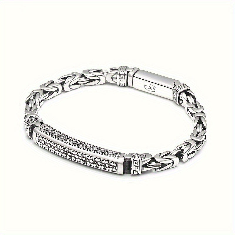 Sleek and stylish, this Sterling Silver S925 bracelet features a unique Four-Sided Fortune Peace pattern and a retro polished braided chain. The trendy accessory is perfect for casual attire, weighing 26g. These simple and versatile accessories are a