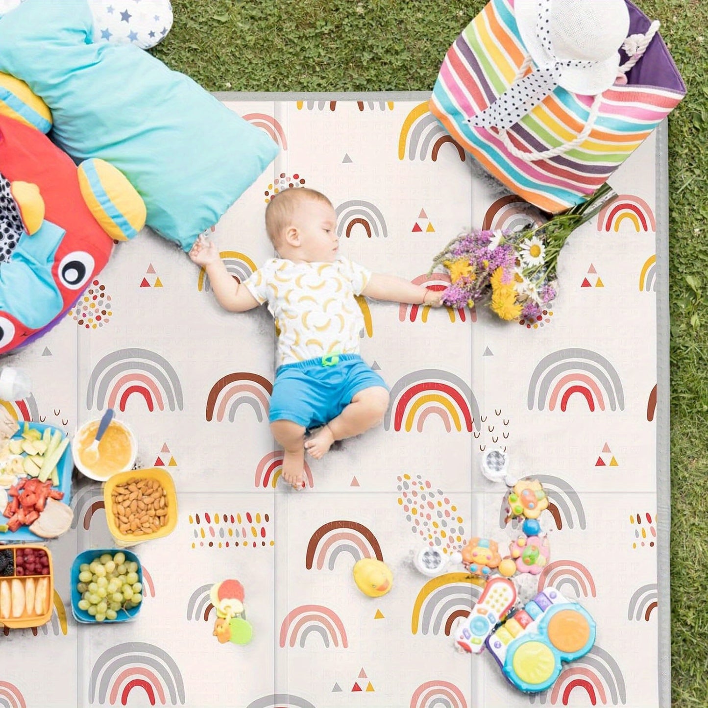 Extra Large Reversible Play Mat, 195.58cm x 177.8cm - Waterproof Non-Slip PE Crawling Mat with Soft Foam Cushion, Featuring Double Sided Designs of Rainbow & Stars, Koala & Stars, and Circles & Lines for Floor Play