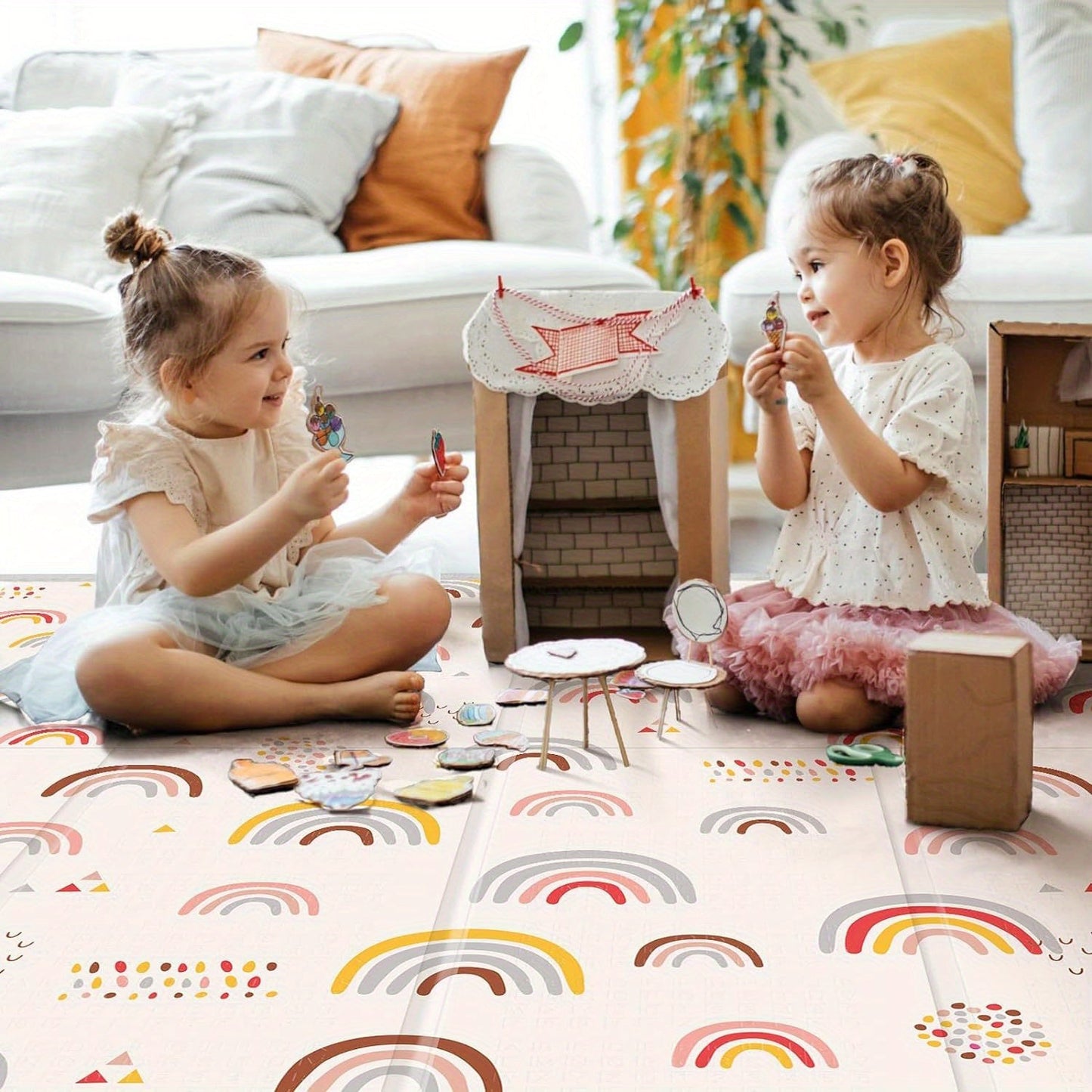 1 piece Play Mat with a thickness of 1.52 cm, made of waterproof foam. This reversible portable floor mat measures 127.0x127.0 cm and features dual patterns of Rainbow & Stars, as well as Circle & Line Design. Made of safe PE material, this mat is an