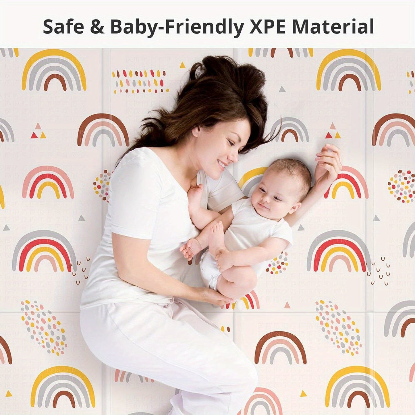 1 piece Play Mat with a thickness of 1.52 cm, made of waterproof foam. This reversible portable floor mat measures 127.0x127.0 cm and features dual patterns of Rainbow & Stars, as well as Circle & Line Design. Made of safe PE material, this mat is an