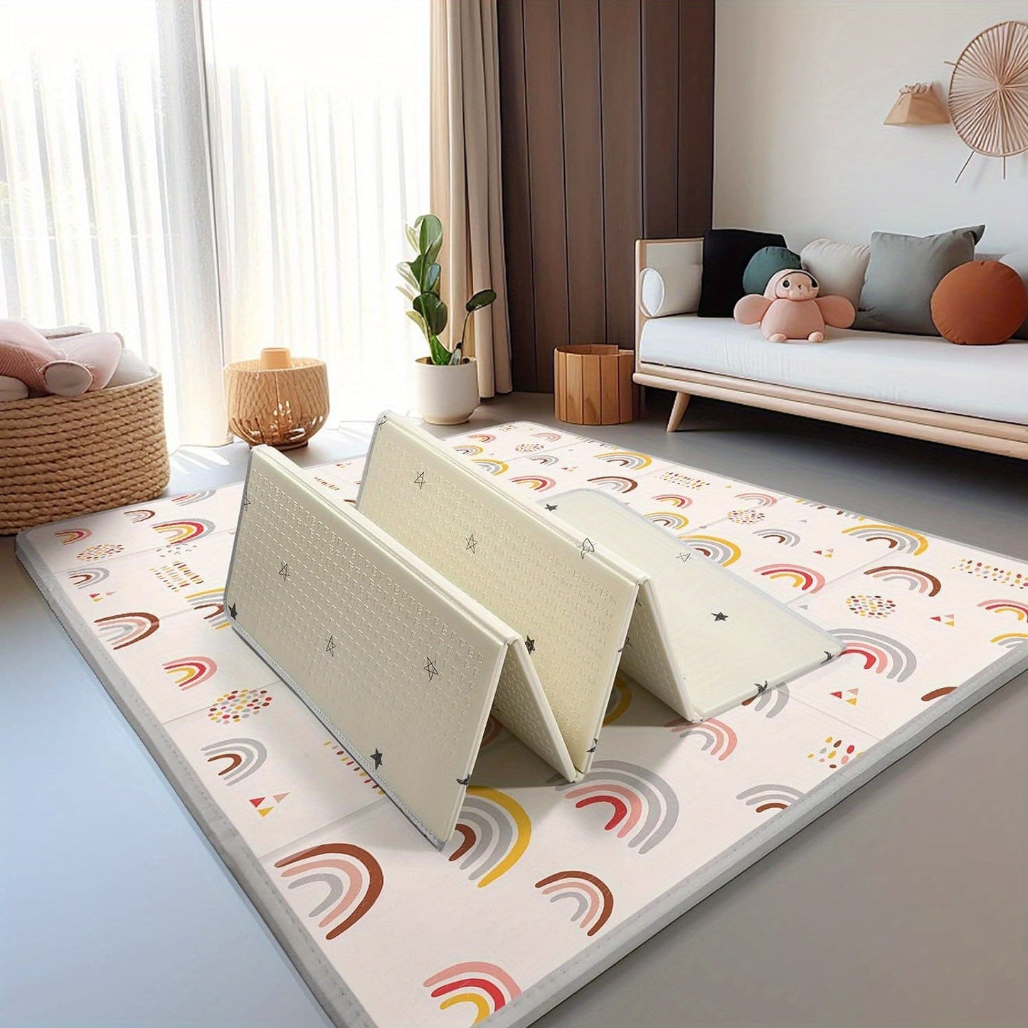 1 piece Play Mat with a thickness of 1.52 cm, made of waterproof foam. This reversible portable floor mat measures 127.0x127.0 cm and features dual patterns of Rainbow & Stars, as well as Circle & Line Design. Made of safe PE material, this mat is an