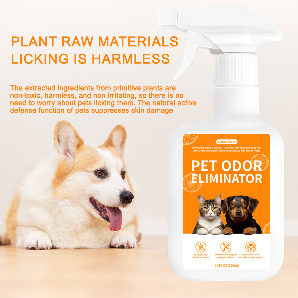 Enzymatic pet odor eliminator spray for dog and cat urine, stains, and smells. Can be used on carpets, upholstery, hardwood, tile, artificial grass, garbage cans, diaper pails, and laundry.