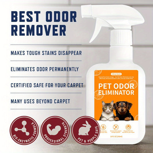 Enzymatic pet odor eliminator spray for dog and cat urine, stains, and smells. Can be used on carpets, upholstery, hardwood, tile, artificial grass, garbage cans, diaper pails, and laundry.