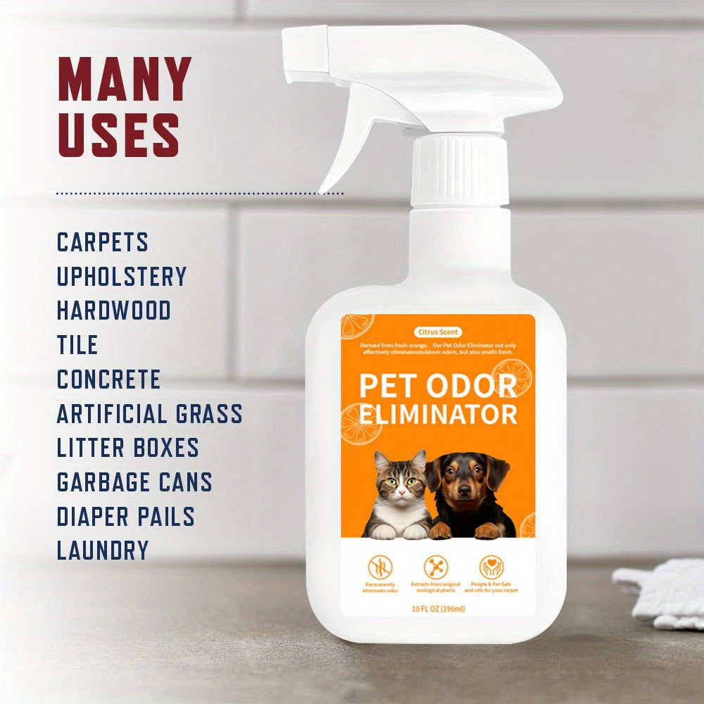 Enzymatic pet odor eliminator spray for dog and cat urine, stains, and smells. Can be used on carpets, upholstery, hardwood, tile, artificial grass, garbage cans, diaper pails, and laundry.