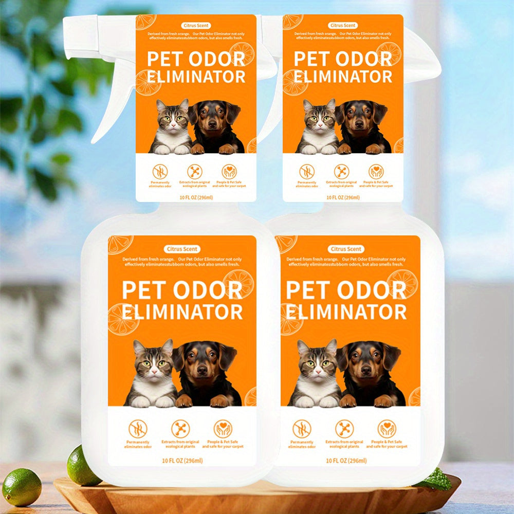 Enzymatic pet odor eliminator spray for dog and cat urine, stains, and smells. Can be used on carpets, upholstery, hardwood, tile, artificial grass, garbage cans, diaper pails, and laundry.