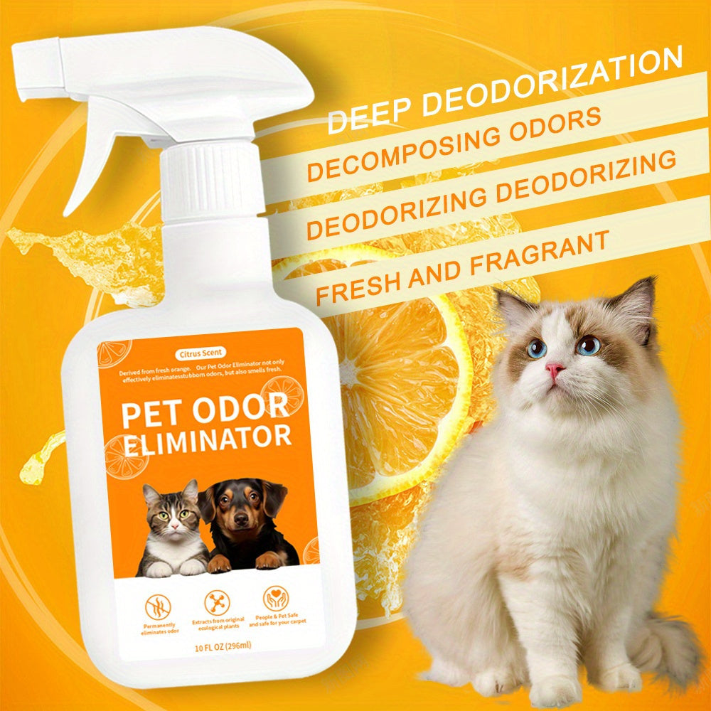 Enzymatic pet odor eliminator spray for dog and cat urine, stains, and smells. Can be used on carpets, upholstery, hardwood, tile, artificial grass, garbage cans, diaper pails, and laundry.