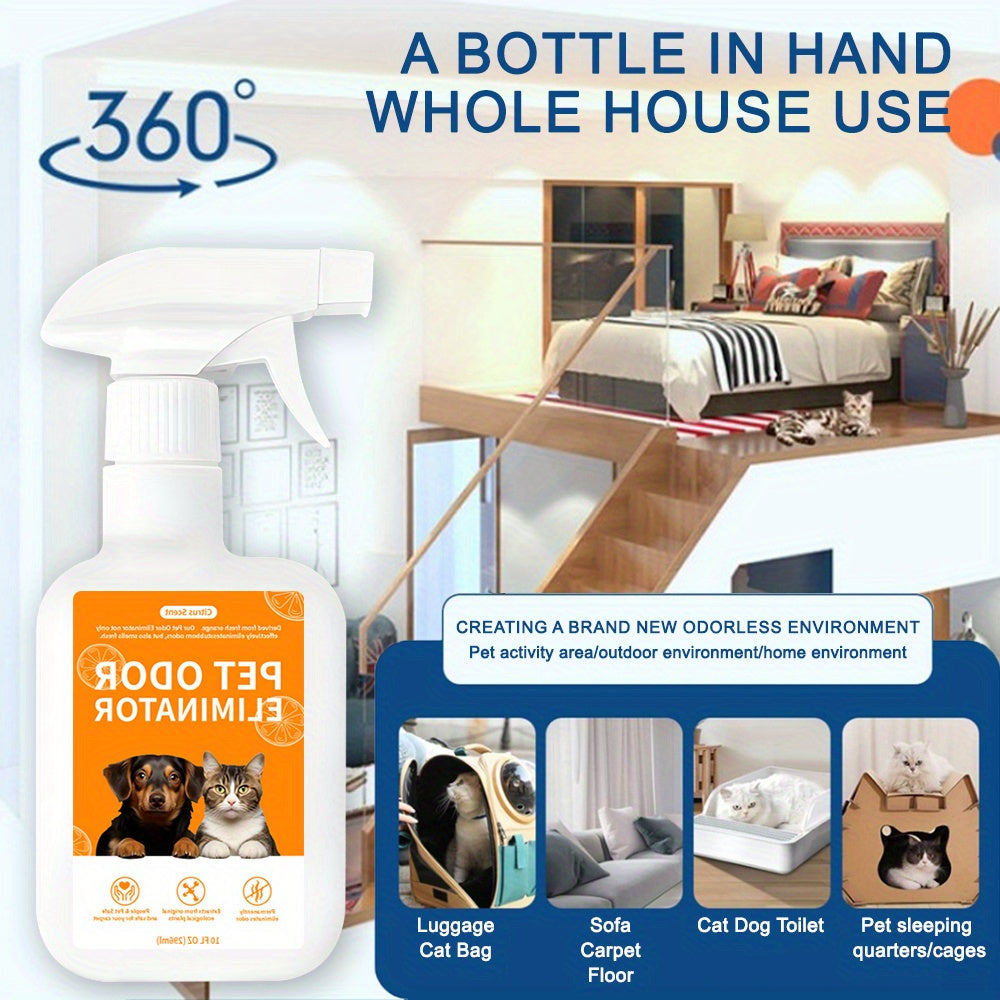 Enzymatic pet odor eliminator spray for dog and cat urine, stains, and smells. Can be used on carpets, upholstery, hardwood, tile, artificial grass, garbage cans, diaper pails, and laundry.