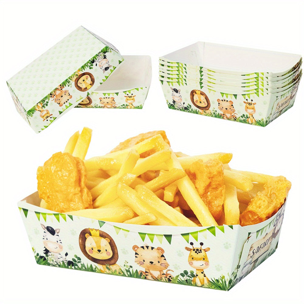 Six-pack of jungle safari themed paper snack trays featuring animal print designs. Perfect for serving snacks and tacos at birthday celebrations, home gatherings, and outdoor events. Disposable and convenient for easy clean-up. Add a touch of adventure