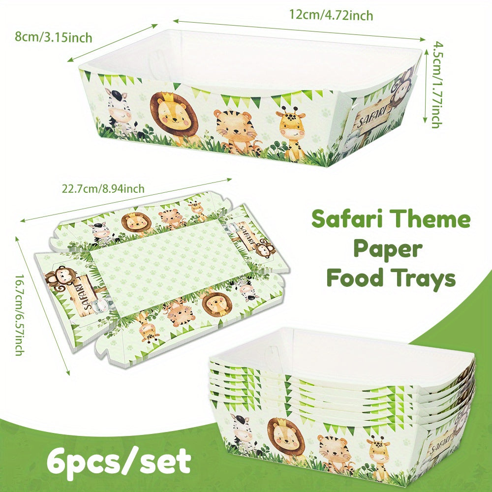 Six-pack of jungle safari themed paper snack trays featuring animal print designs. Perfect for serving snacks and tacos at birthday celebrations, home gatherings, and outdoor events. Disposable and convenient for easy clean-up. Add a touch of adventure