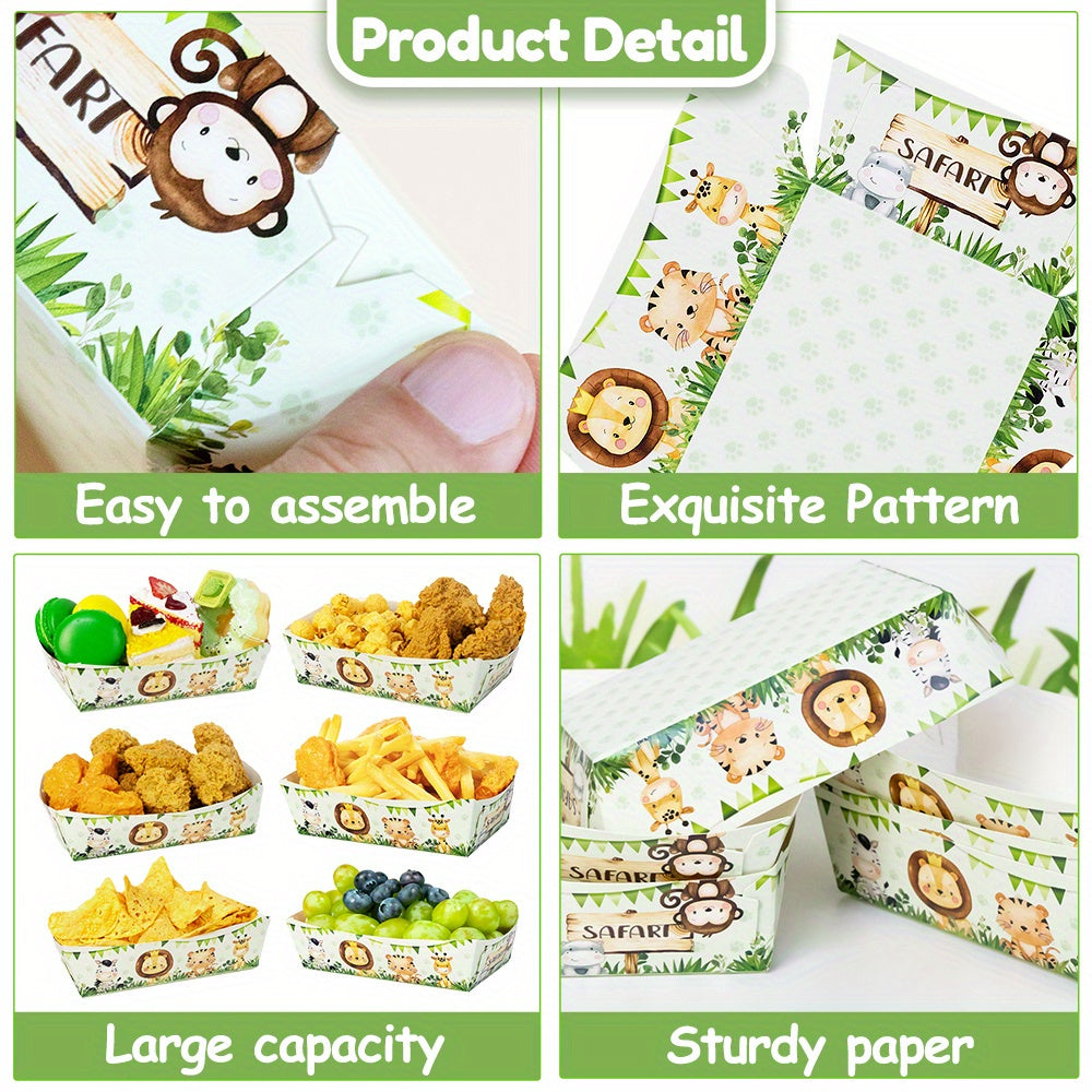 Six-pack of jungle safari themed paper snack trays featuring animal print designs. Perfect for serving snacks and tacos at birthday celebrations, home gatherings, and outdoor events. Disposable and convenient for easy clean-up. Add a touch of adventure