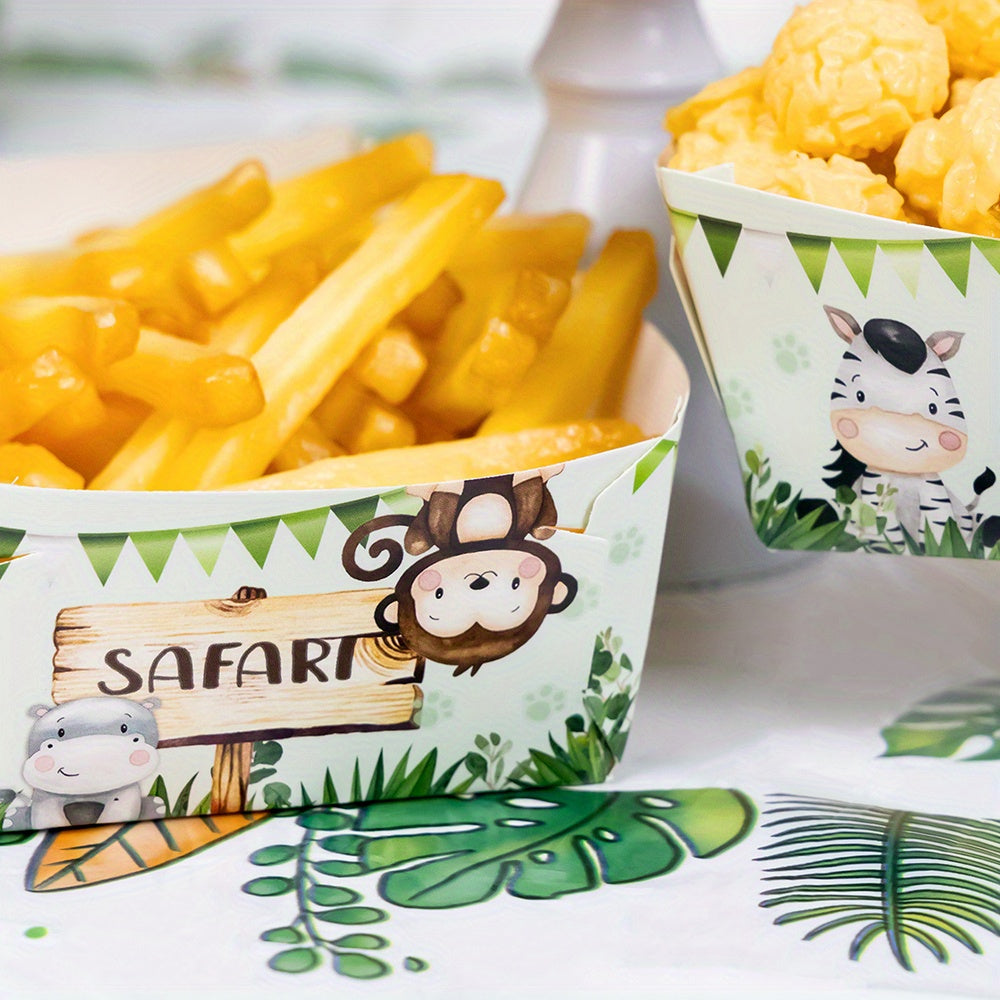 Six-pack of jungle safari themed paper snack trays featuring animal print designs. Perfect for serving snacks and tacos at birthday celebrations, home gatherings, and outdoor events. Disposable and convenient for easy clean-up. Add a touch of adventure