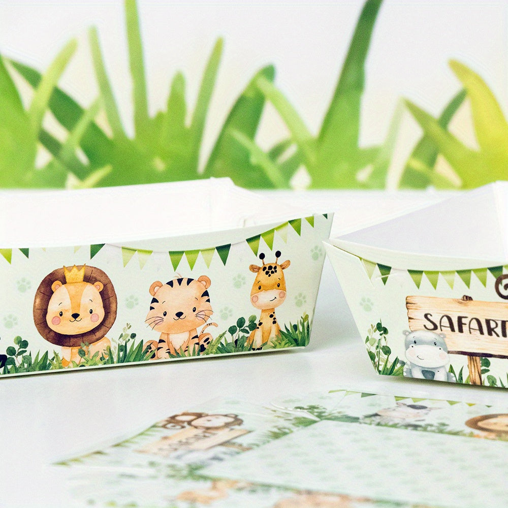 Six-pack of jungle safari themed paper snack trays featuring animal print designs. Perfect for serving snacks and tacos at birthday celebrations, home gatherings, and outdoor events. Disposable and convenient for easy clean-up. Add a touch of adventure