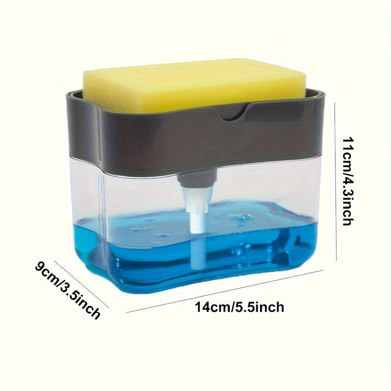 One plastic kitchen soap dispenser set featuring a leak-proof dish soap pump and sponge holder. This product provides easy-pump action and a complete sink organization solution. Perfect for use in the living room, bedroom, or bathroom, it also includes a