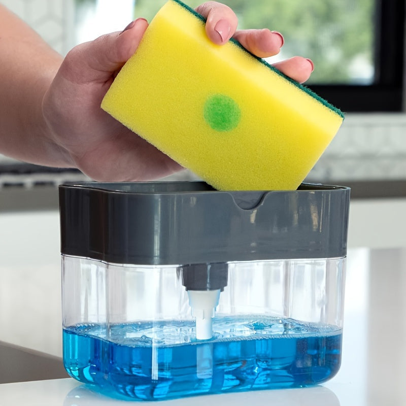 One plastic kitchen soap dispenser set featuring a leak-proof dish soap pump and sponge holder. This product provides easy-pump action and a complete sink organization solution. Perfect for use in the living room, bedroom, or bathroom, it also includes a