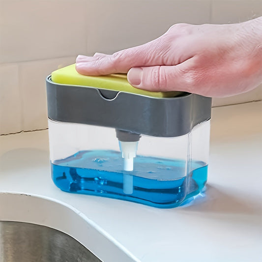 One plastic kitchen soap dispenser set featuring a leak-proof dish soap pump and sponge holder. This product provides easy-pump action and a complete sink organization solution. Perfect for use in the living room, bedroom, or bathroom, it also includes a