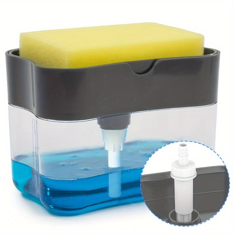 One plastic kitchen soap dispenser set featuring a leak-proof dish soap pump and sponge holder. This product provides easy-pump action and a complete sink organization solution. Perfect for use in the living room, bedroom, or bathroom, it also includes a