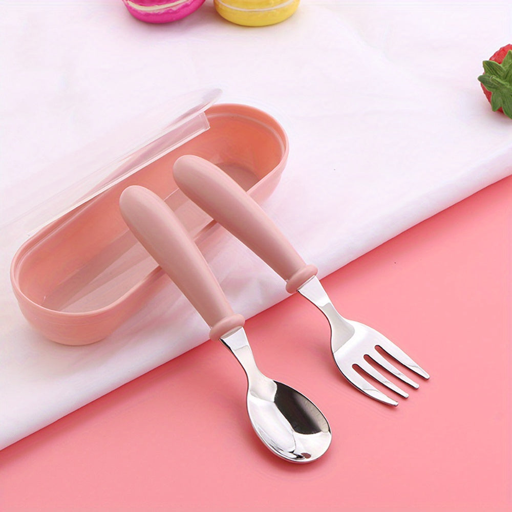 Stainless Steel Cutlery Set for Kids - Includes Fork, Spoon, and Storage Box - Round Handles, BPA-Free