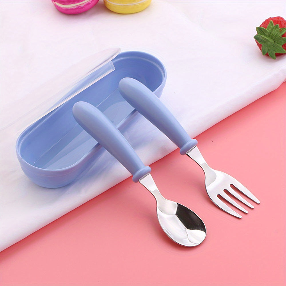 Stainless Steel Cutlery Set for Kids - Includes Fork, Spoon, and Storage Box - Round Handles, BPA-Free