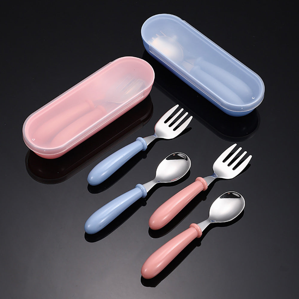 Stainless Steel Cutlery Set for Kids - Includes Fork, Spoon, and Storage Box - Round Handles, BPA-Free