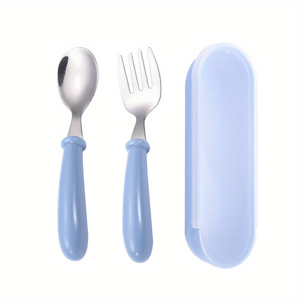 Stainless Steel Cutlery Set for Kids - Includes Fork, Spoon, and Storage Box - Round Handles, BPA-Free