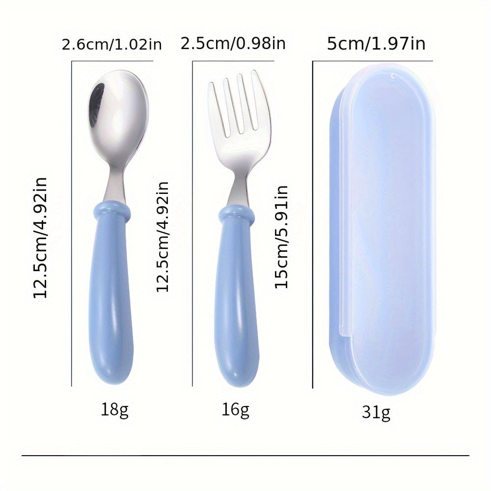 Stainless Steel Cutlery Set for Kids - Includes Fork, Spoon, and Storage Box - Round Handles, BPA-Free