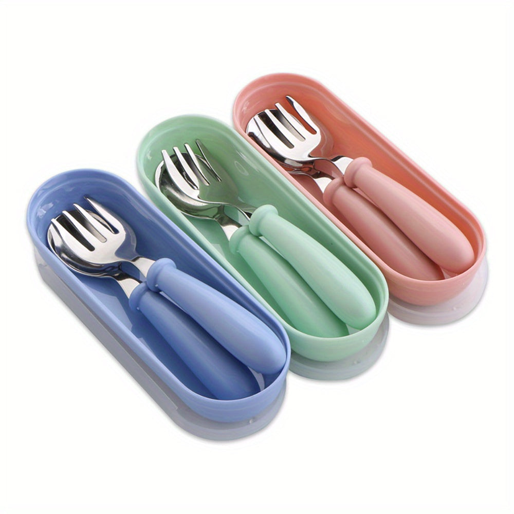 Stainless Steel Cutlery Set for Kids - Includes Fork, Spoon, and Storage Box - Round Handles, BPA-Free