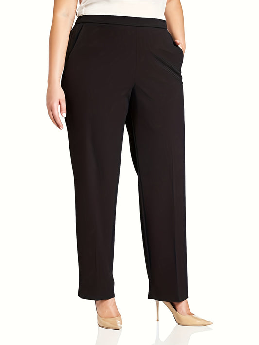 Stylish high-waisted straight-leg pants for plus-size women, made from stretchy polyester with pockets. Ideal for spring and fall.