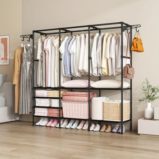 Best-Selling Multifunctional Double-Row Clothes Rack, Spacious Freestanding Metal Garment Organizer with 10 Shelves for Bedroom