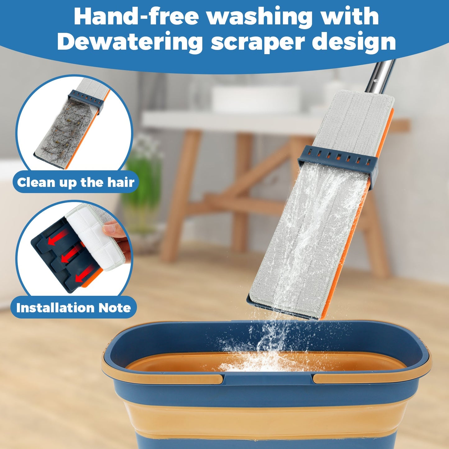 Home Cleaning Made Easy with 360° Rotating Microfiber Mop and Bucket Set - Hands-Free, Wet & Dry Use for Effortless Pet Hair Removal, Comes with Dewatering Scraper and 7 Pads