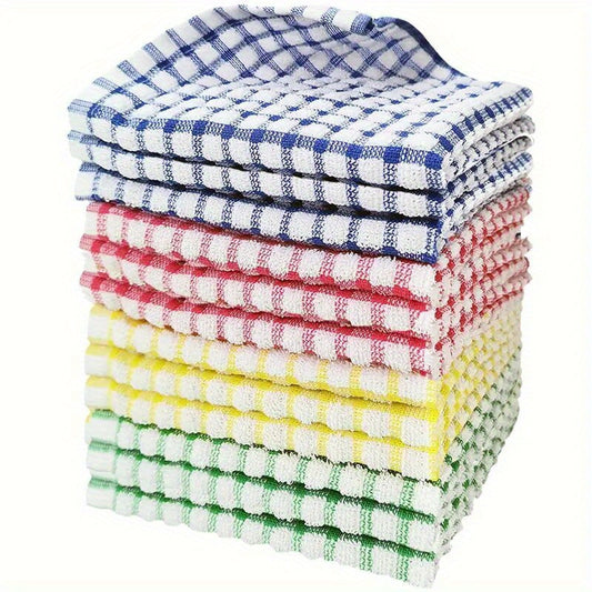 Assorted sets of 6, 12, or 24 random color plaid dish towels, 31*31cm in size. Absorbent and reusable kitchen cleaning cloths and tea towels.