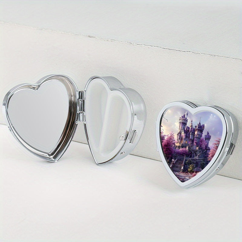 Lovely Heart-Shaped Two-Compartment Medicine Box featuring a Castle Design, Ideal for Travel or Everyday Use