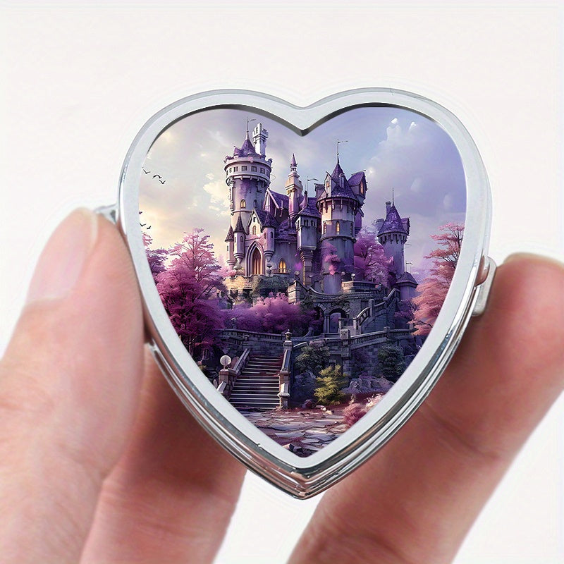 Lovely Heart-Shaped Two-Compartment Medicine Box featuring a Castle Design, Ideal for Travel or Everyday Use