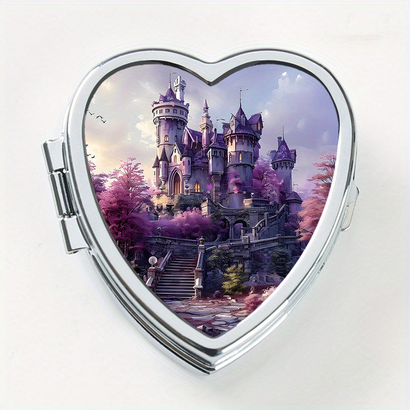 Lovely Heart-Shaped Two-Compartment Medicine Box featuring a Castle Design, Ideal for Travel or Everyday Use