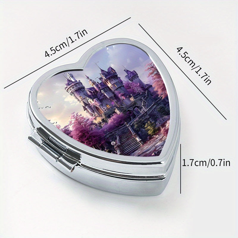 Lovely Heart-Shaped Two-Compartment Medicine Box featuring a Castle Design, Ideal for Travel or Everyday Use