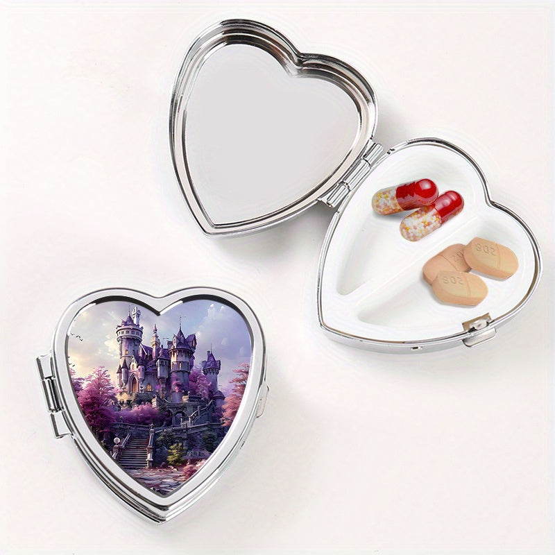 Lovely Heart-Shaped Two-Compartment Medicine Box featuring a Castle Design, Ideal for Travel or Everyday Use