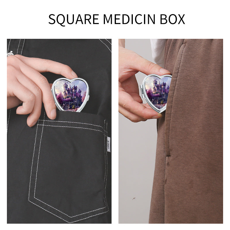 Lovely Heart-Shaped Two-Compartment Medicine Box featuring a Castle Design, Ideal for Travel or Everyday Use