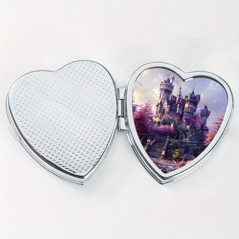 Lovely Heart-Shaped Two-Compartment Medicine Box featuring a Castle Design, Ideal for Travel or Everyday Use