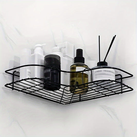 Space-saving black metal corner shelf, no-drill dual-tier rack for bathroom and kitchen. Durable, easy to clean, suitable for indoor/outdoor use. Great for bathroom storage.