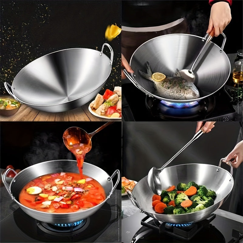 Durable Stainless Steel Wok with Convenient Handles, Compatible with Gas Stovetop and Induction Cooker, Essential Kitchen Cookware for Home Chefs, Includes Kitchen Utensils, Gadgets, and Accessories