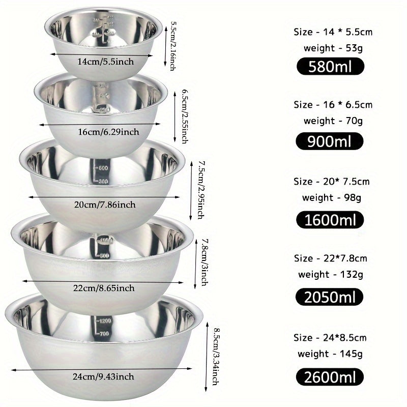 Set of 5 nesting stainless steel mixing bowls, rust resistant with wide rims for salad prep. Space saving and stackable for cooking and baking.