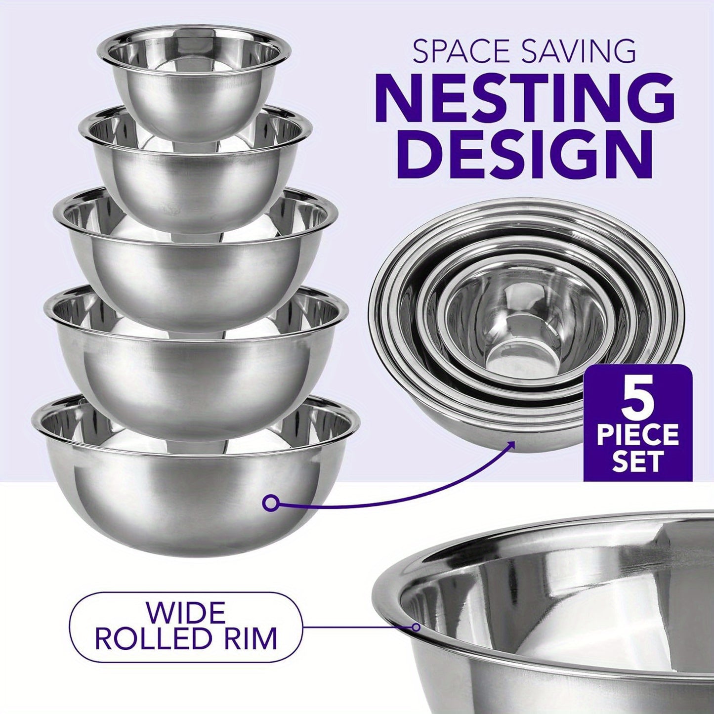 Set of 5 nesting stainless steel mixing bowls, rust resistant with wide rims for salad prep. Space saving and stackable for cooking and baking.