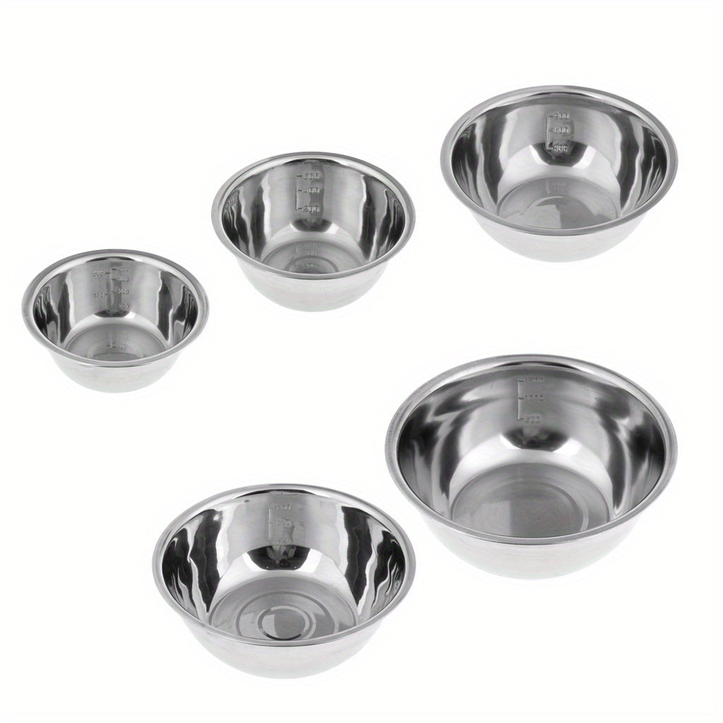 Set of 5 nesting stainless steel mixing bowls, rust resistant with wide rims for salad prep. Space saving and stackable for cooking and baking.