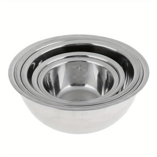 Set of 5 nesting stainless steel mixing bowls, rust resistant with wide rims for salad prep. Space saving and stackable for cooking and baking.