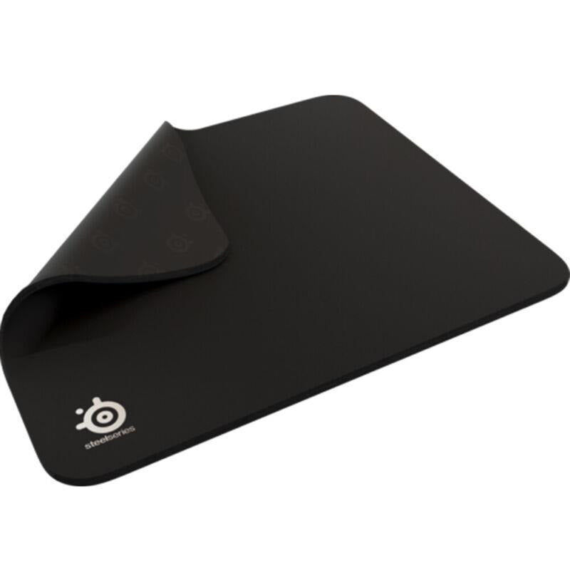 Black rubber mouse pad with ergonomic design for office and gaming use.