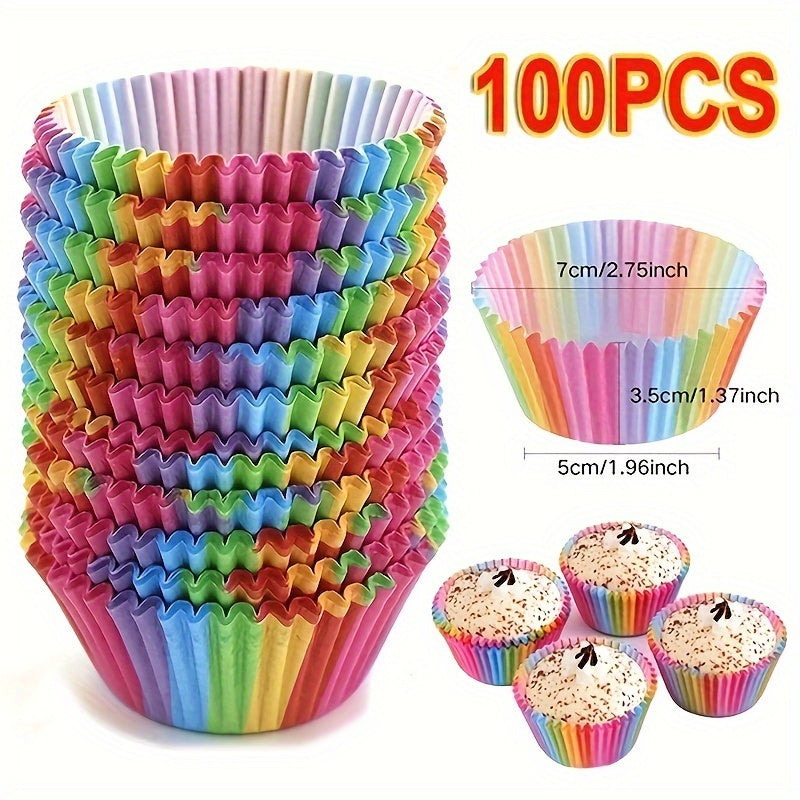 100 count Rainbow Disposable Muffin Cups - Bright Cupcake Liners for Baking, Ideal for Parties & Kitchen Decor