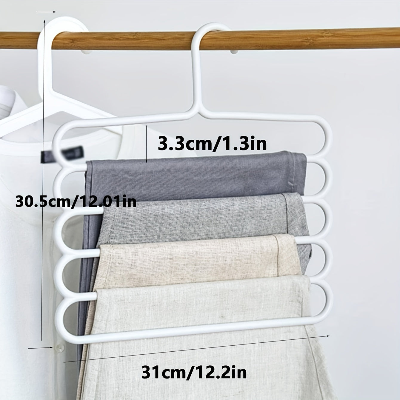 3pc white plastic pants hangers with 5 layers for organized wardrobe storage, anti-slip design, and scarf hanging rack.